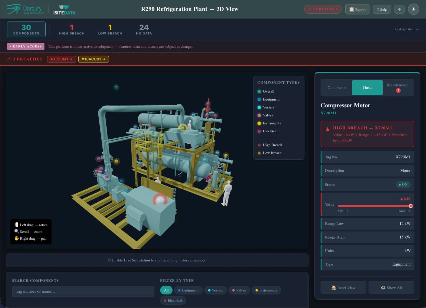 Darbury Plant Viewer showing a browser-based 3D plant model review session