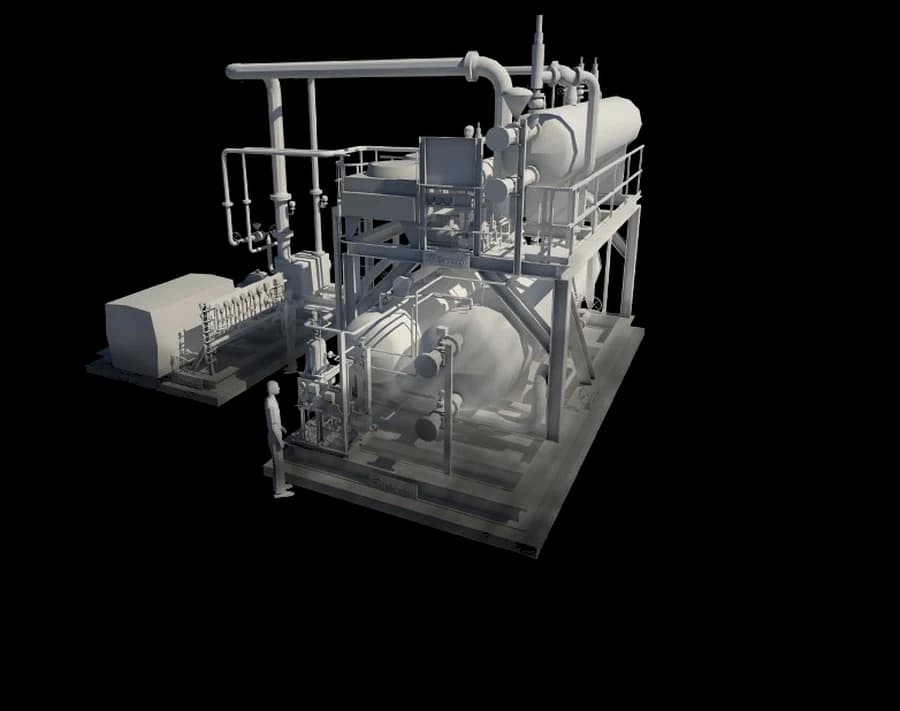 Refrigeration compression skid 3D model with human figure for scale — Darbury Plant 3D work